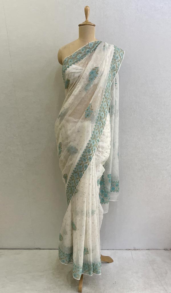 Women's Lucknowi Handcrafted Pure Organza Silk Chikankari Saree - HONC0107610