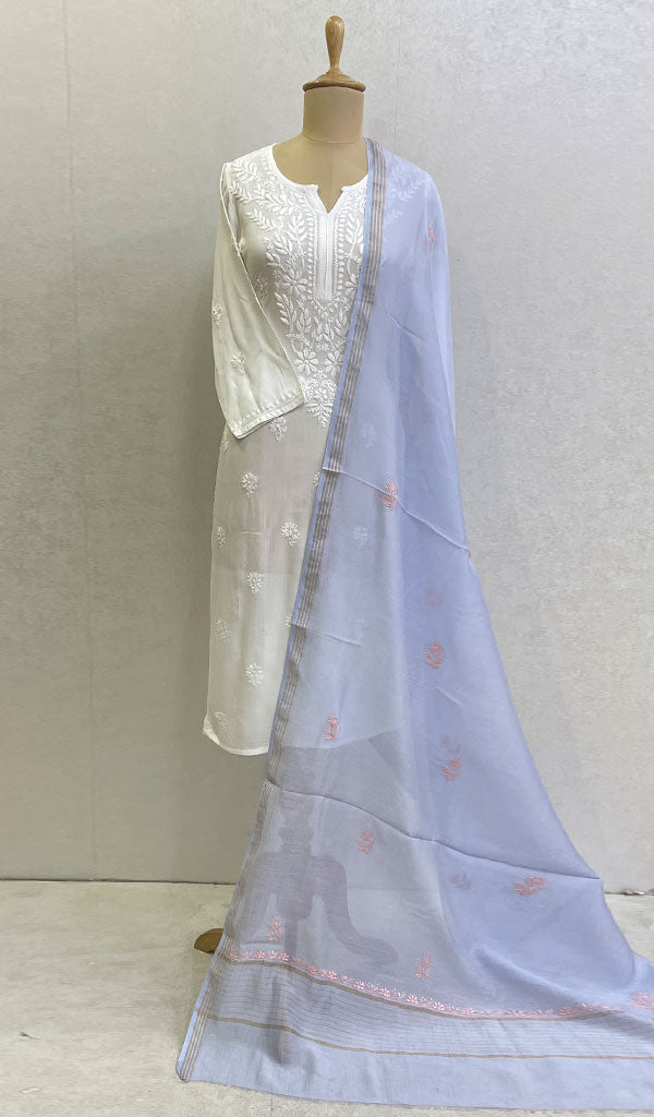 Lakhnavi 手工制作 Chanderi 丝绸 Chikankari Dupatta - Honc01087420