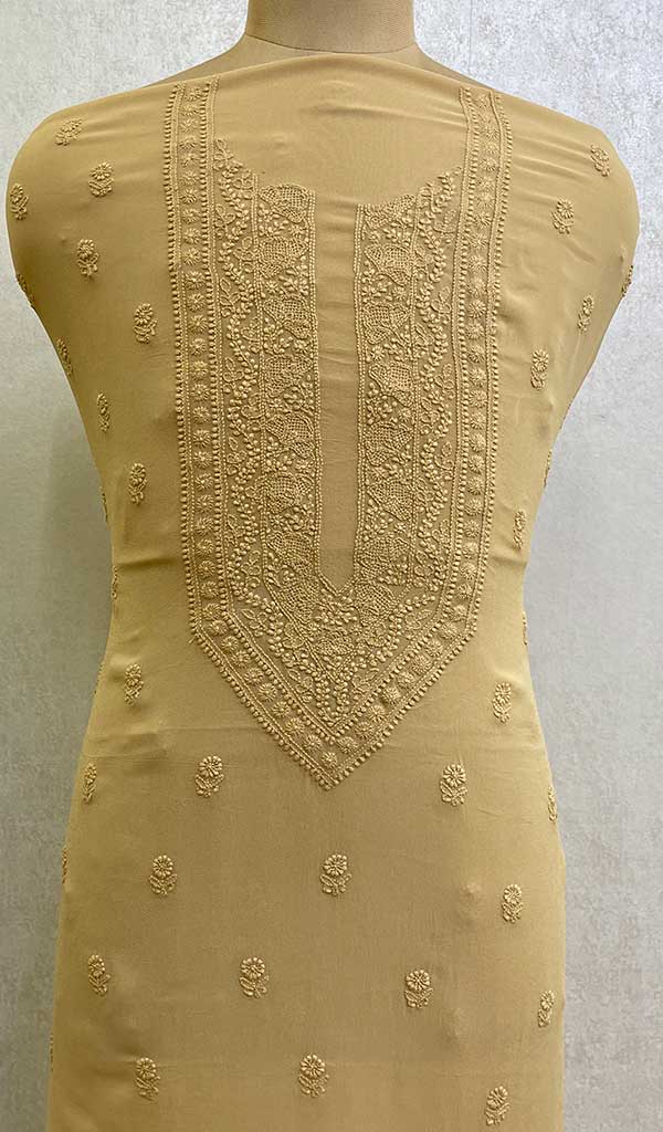 Lucknowi Handcrafted Viscose Georgette Chikankari Unstitched Men's Kurta Fabric - HONC0112612