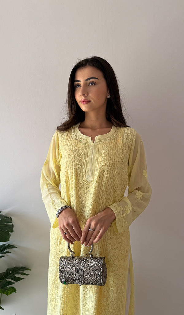 Yusra Women's Lakhnavi Handcrafted Viscose Georgette Chikankari Kurti- HONC0350437
