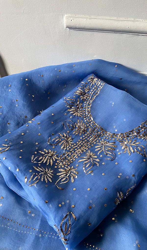 Marifa Women's Lakhnavi Handcrafted Pure Organza Chikankari Unstitched Kurta And Dupatta Set- HONC0362255