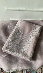 Load image into Gallery viewer, Women's Lakhnavi Handcrafted Pure Organza Chikankari Unstitched Kurta And Dupatta Set- HONC0361466