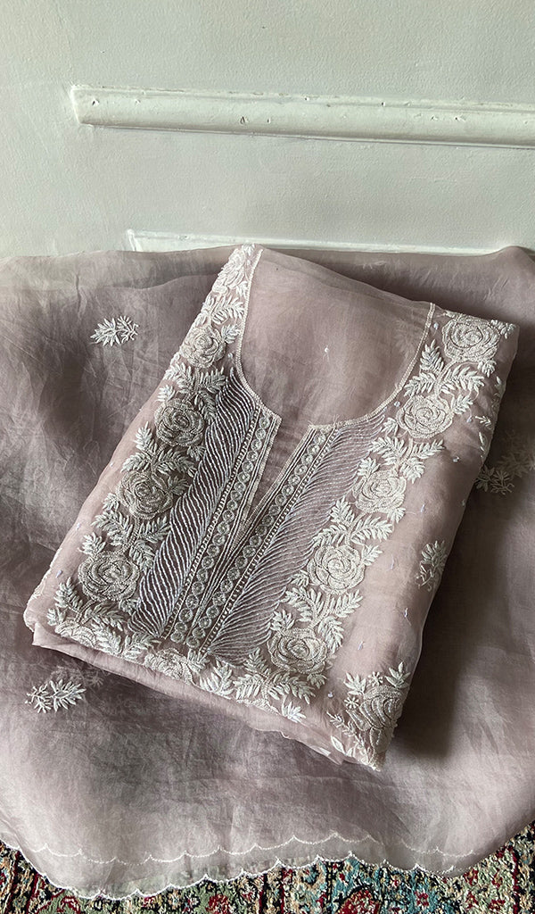 Women's Lakhnavi Handcrafted Pure Organza Chikankari Unstitched Kurta And Dupatta Set- HONC0361466