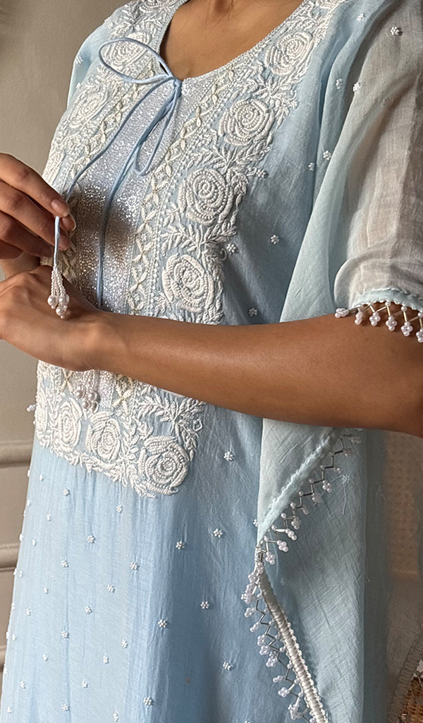 Women's Lucknowi Handcrafted Mul chanderi Chikankari Kaftan - HONC07860458