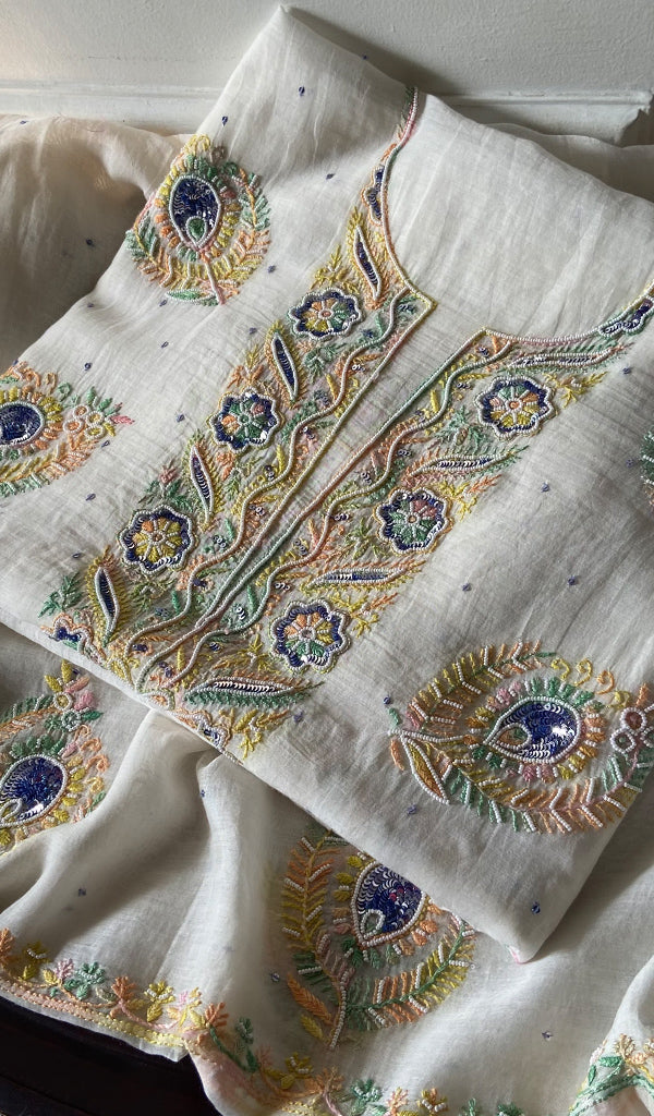 Women's Lakhnavi Handcrafted Mul Chanderi Unstitched Kurta And Dupatta Set - HONC0751469