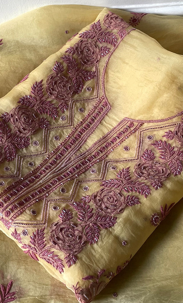 Women's Lakhnavi Handcrafted Pure Organza Chikankari Unstitched Kurta And Dupatta Set- HONC0318666