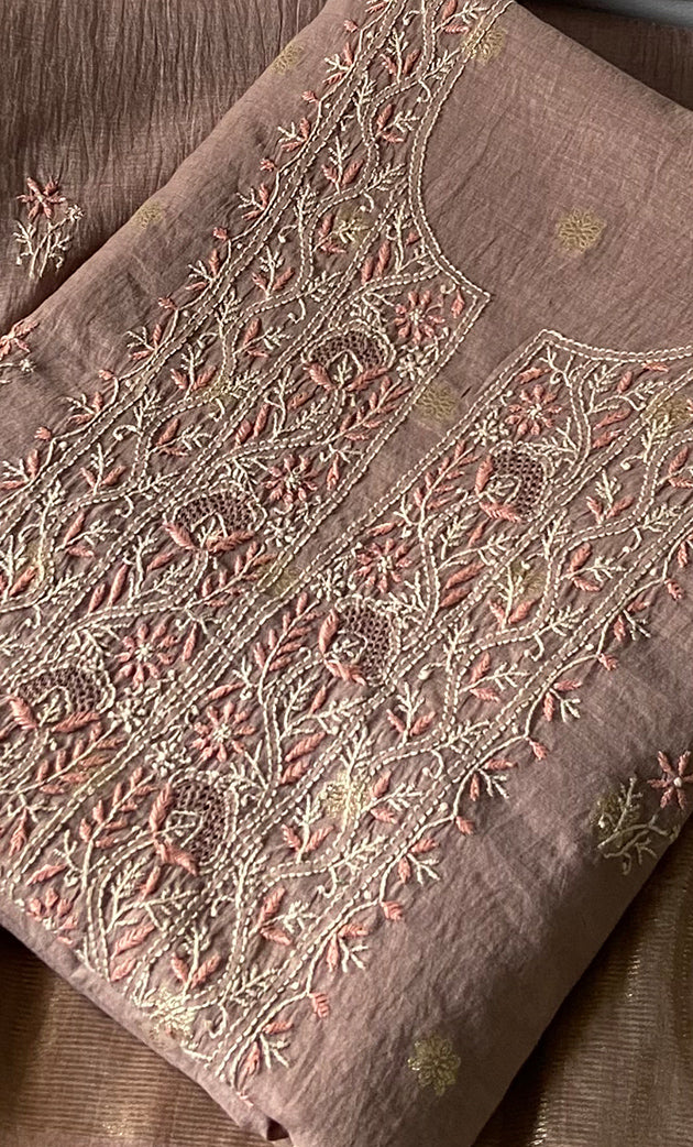 Women's Lakhnavi Handcrafted Mul Chanderi Unstitched Chikankari Full Suit Material - HONC0316857