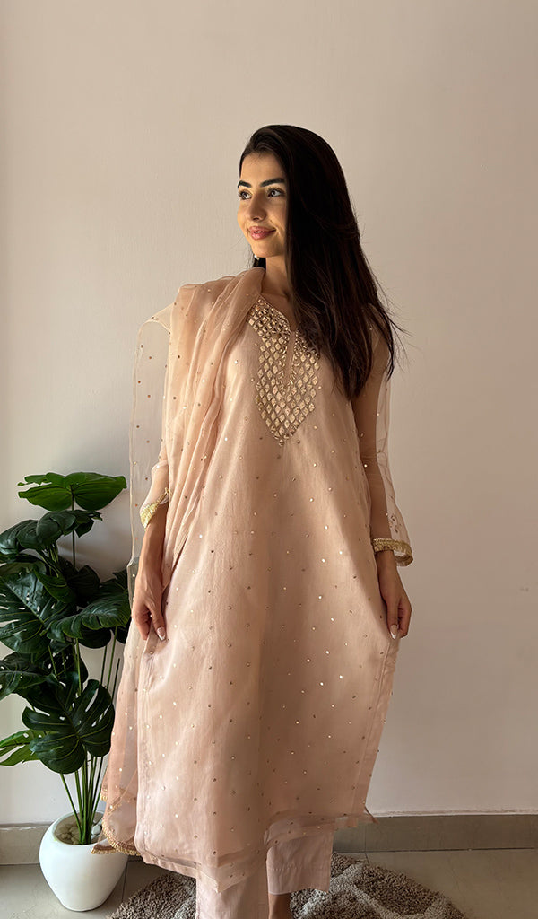Alfia Women's Lucknowi Handcrafted Pure Organza Silk Stitched Chikankari Kurta, Dupatta With Pant Set- HONC0362256