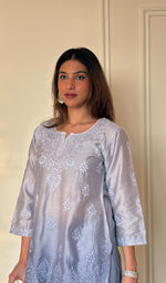 Anika Women's Lucknowi Handcrafted Chanderi Silk Chikankari Top with Farshi Salwar Set .