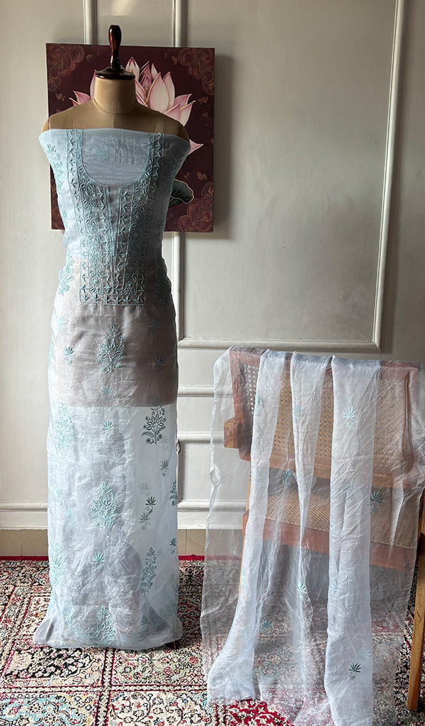 Women's Lakhnavi Handcrafted Pure Organza Silk Chikankari Unstitched Full Suit Material - HONC0365704