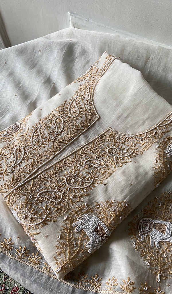 Haathi Women's Lakhnavi Handcrafted Mul Chanderi Unstitched Kurta And Dupatta Set - HONC0317803