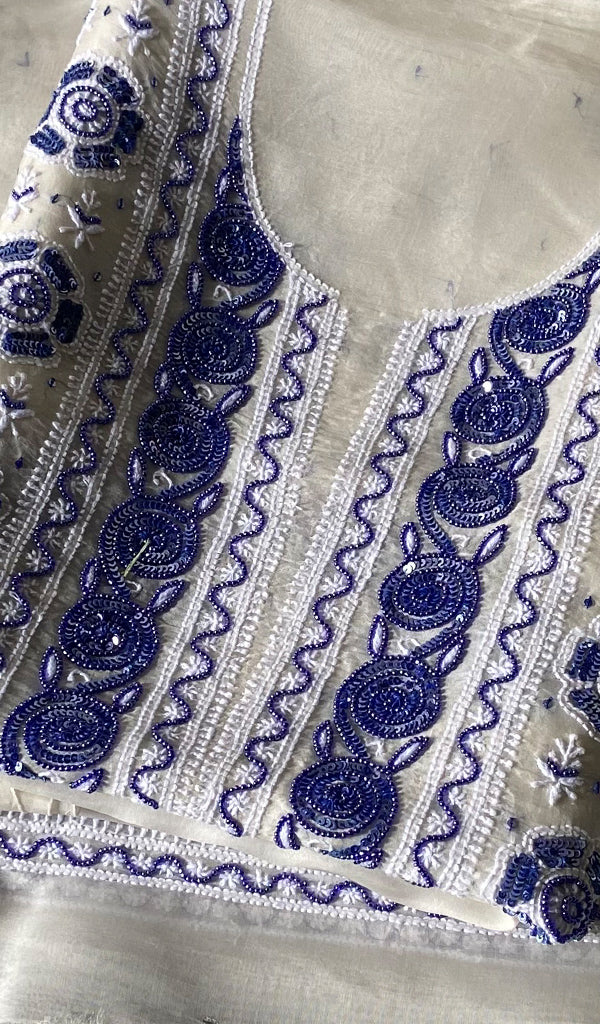 Women's Lakhnavi Handcrafted Pure Organza Chikankari Unstitched Kurta And Dupatta Set- HONC0375214
