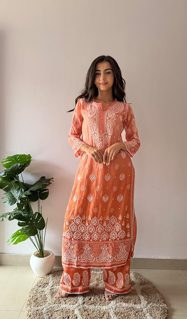 Yamika Women's Lucknowi Handcrafted Mul Chanderi Stitched Chikankari Kurta And Plazzo Set- HONC0379063