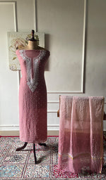 Load image into Gallery viewer, Jazba Women's Lakhnavi Handcrafted Mul Chanderi Unstitched Kurta And Dupatta Set - HONC0495494