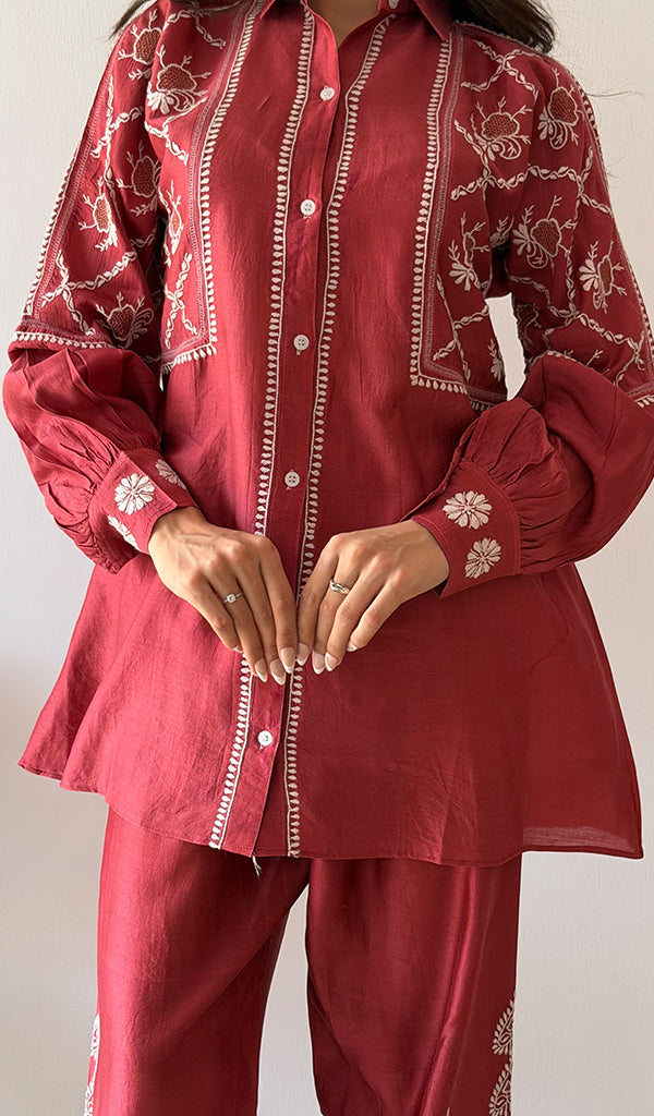 Women's Lakhnavi Handcrafted Chanderi Silk Chikankari Top And Pant Set - HONC0379822