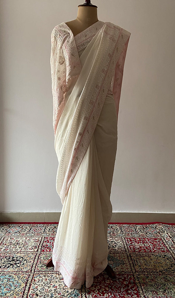 Women's Lakhnavi Handcrafted Pure Silk Georgette Chikankari Saree