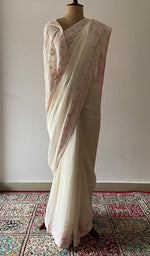 Women's Lakhnavi Handcrafted Pure Silk Georgette Chikankari Saree