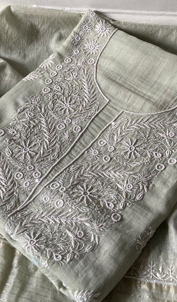 Women's Lakhnavi Handcrafted Mul Chanderi Unstitched Chikankari Full Suit Material - HONC0338251
