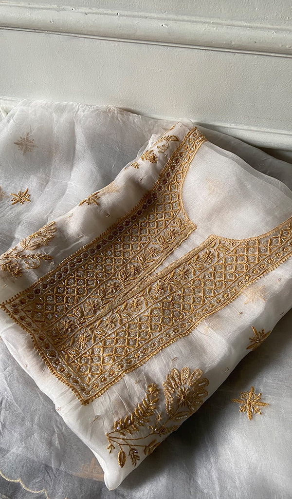 Women's Lakhnavi Handcrafted Pure Organza Chikankari Unstitched Kurta And Dupatta Set- HONC0340861