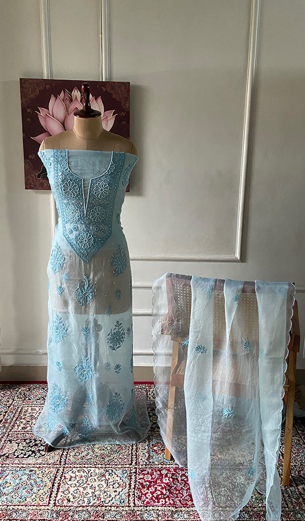 Women's Lakhnavi Handcrafted Pure Organza Chikankari Unstitched Kurta And Dupatta Set- HONC0340863