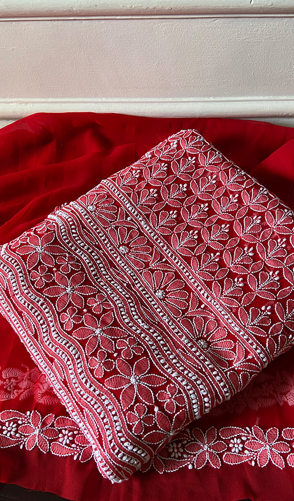 Women's Lucknowi Handcrafted Faux-Georgette Unstitched Chikankari Suit Material - HONC0347549