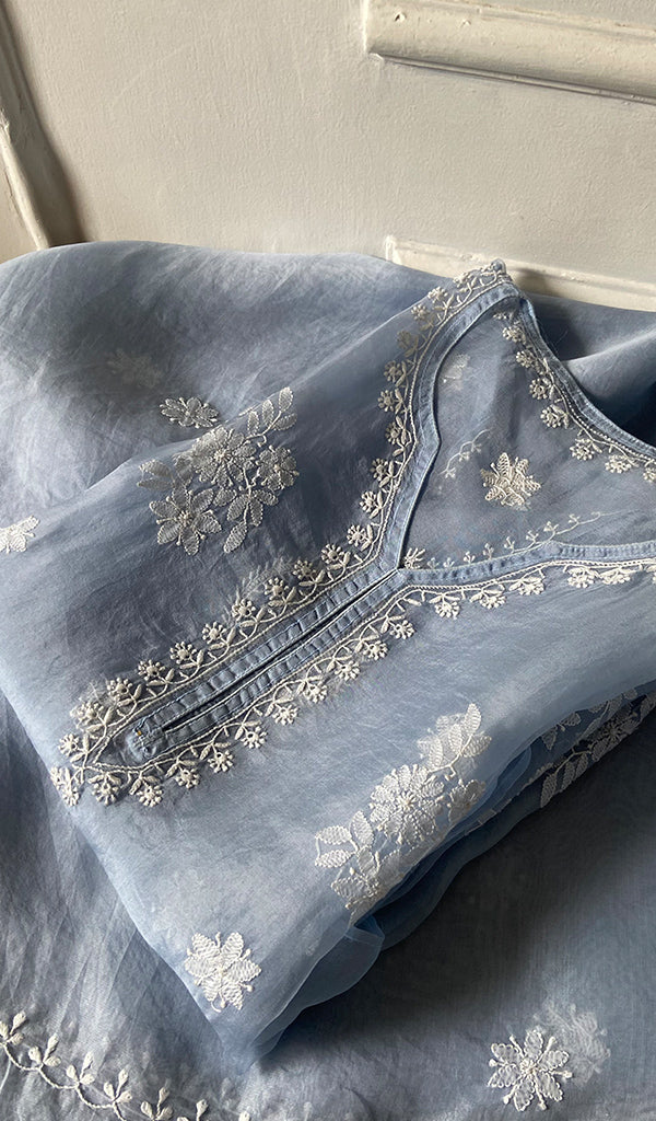 Mayuri Women's Lakhnavi Handcrafted Pure Organza Silk Chikankari Semi - stitched Full Suit Material - HONC0348611