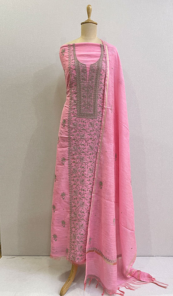 Women's Lakhnavi Handcrafted Chanderi Silk Chikankari Full Suit Material - HONC010669