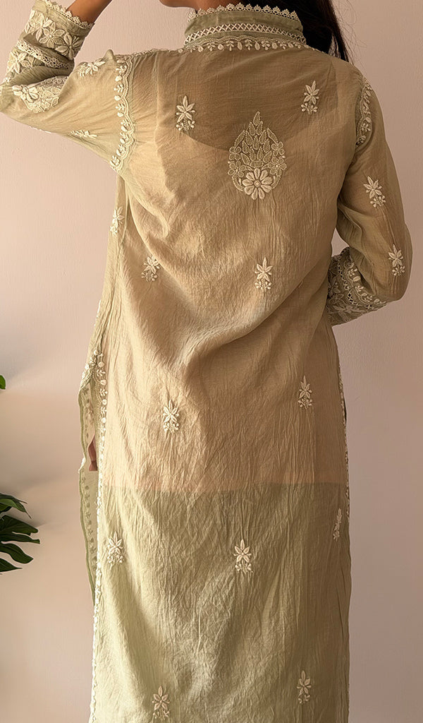 Women's Lucknowi Handcrafted Mul Chanderi Stitched Chikankari Kurta And Plazzo Set- HONC0378820