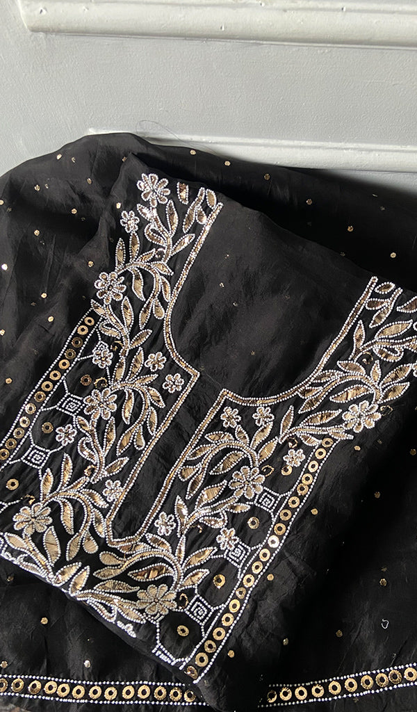 Women's Lakhnavi Handcrafted Pure Organza  Silk Chikankari Unstitched Full Suit Material - HONC0313611
