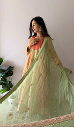 将图像加载到图库查看器中， Women's Lakhnavi Handcrafted Tissue Chanderi Silk  Chikankari Stitched Anarkali , Dupatta And Pant Set - HONC0336837