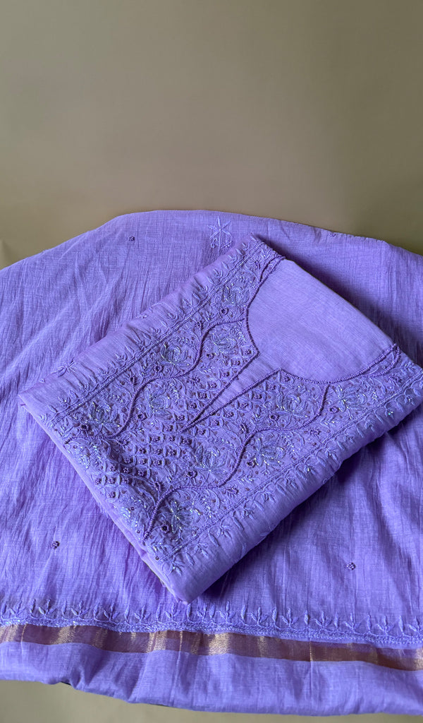 Women's Lakhnavi Handcrafted Mul Chanderi Unstitched Chikankari Full Suit Material - HONC0370488