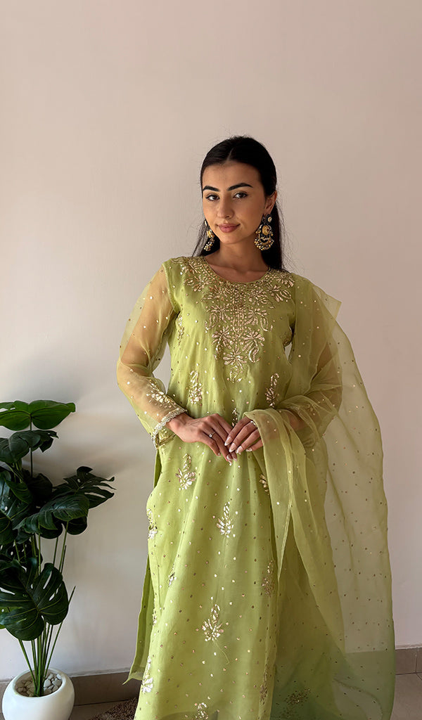 Women's Lucknowi Handcrafted Pure Organza Silk Stitched Chikankari Kurta, Dupatta With Pant Set- HONC0368444
