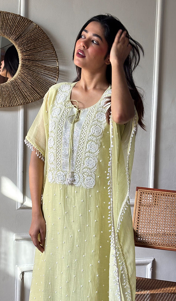 Women's Lucknowi Handcrafted Mul chanderi Chikankari Kaftan - HONC0164615