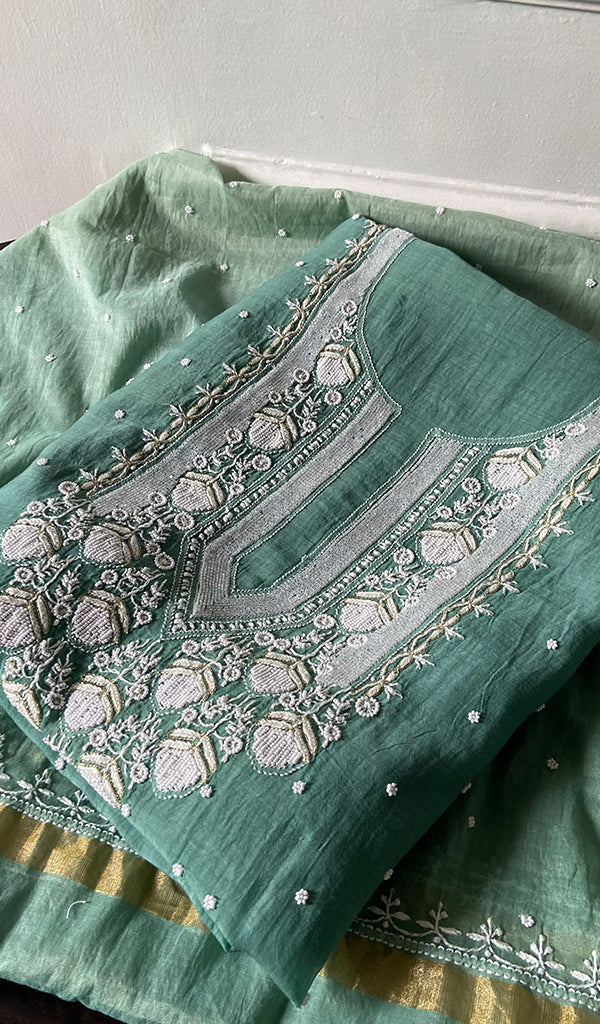 Jazba Women's Lakhnavi Handcrafted Mul Chanderi Unstitched Kurta And Dupatta Set - HONC0353911