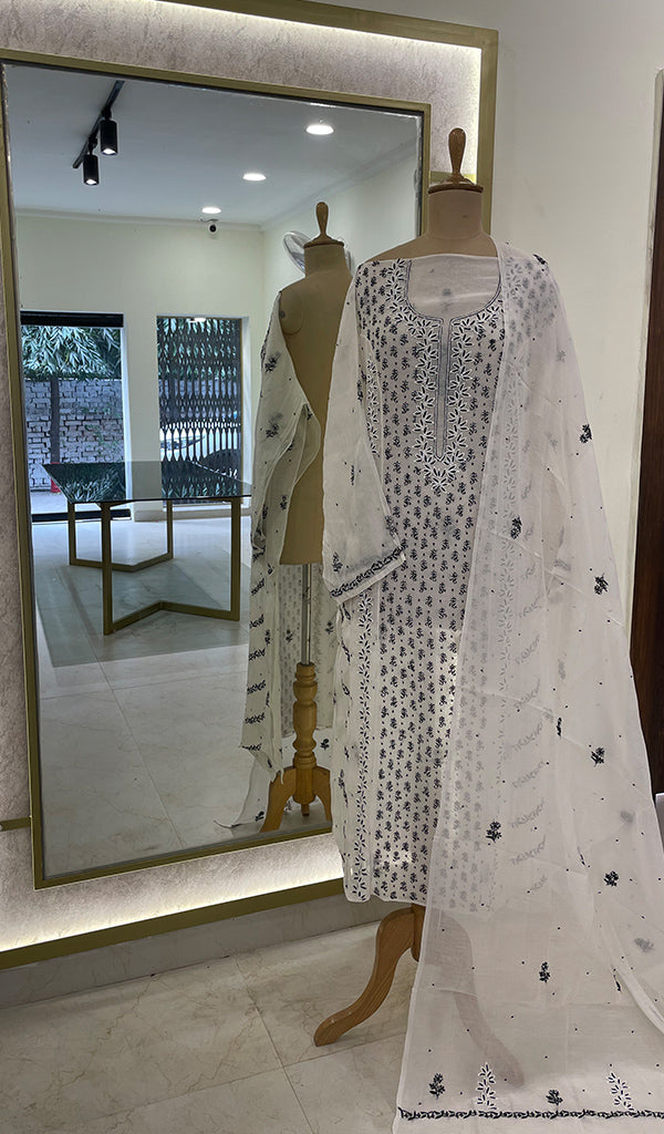 Saziya Women's Lakhnavi Handcrafted Mul Chanderi Semi - Stitched Kurta And Dupatta Set - HONC0253601