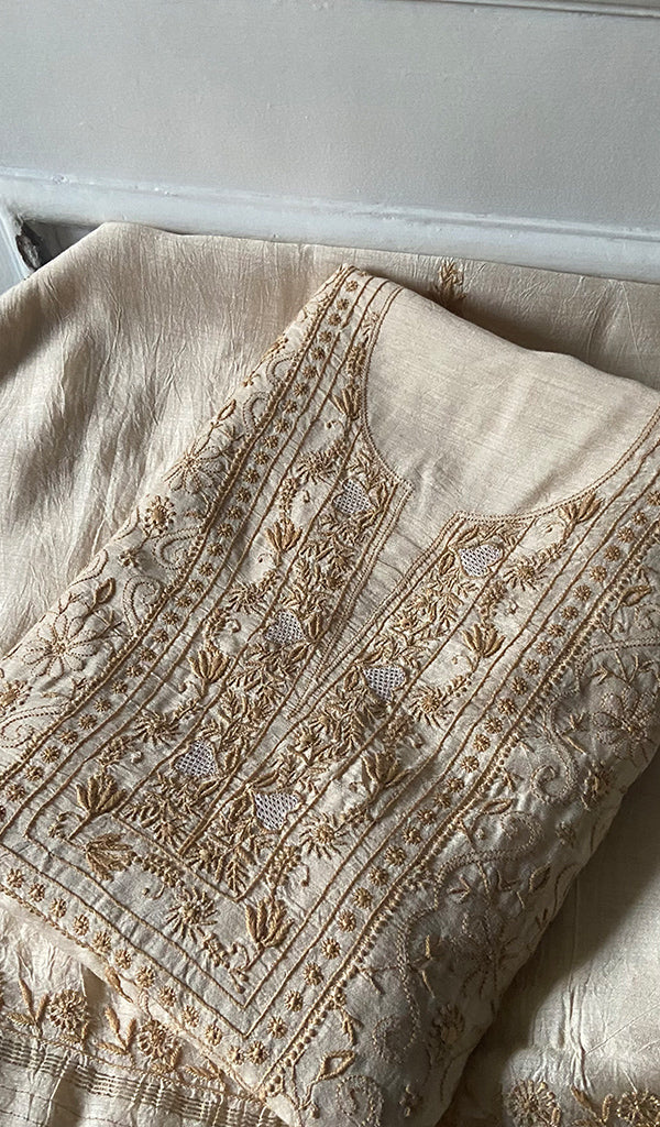 Women's Lakhnavi Handcrafted Unstitched Munga Silk Chikankari Kurta And Dupatta Set- HONC0341511