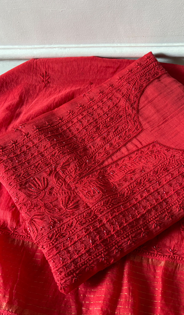 Women's Lakhnavi Handcrafted Mul Chanderi Unstitched Chikankari Full Suit Material - HONC0344340