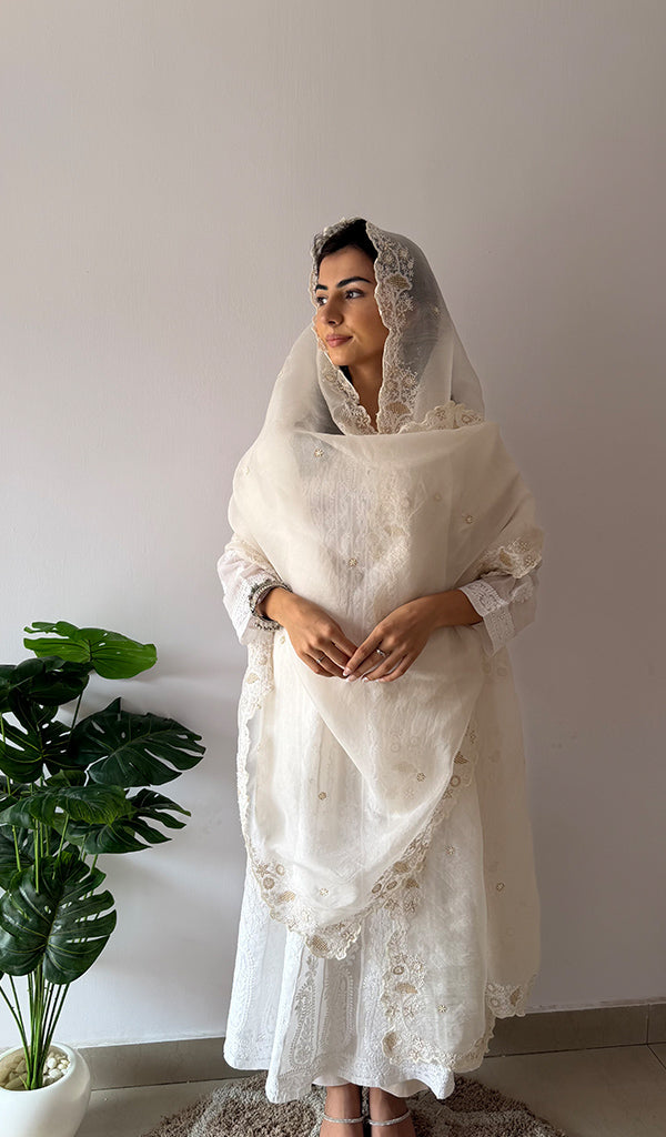 Women's Lucknowi Handcrafted Pure Organza Silk Chikankari Dupatta - HONC0380139