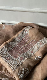 Load image into Gallery viewer, Women's Lakhnavi Handcrafted Pure Organza Chikankari Unstitched Kurta And Dupatta Set- HONC0341494