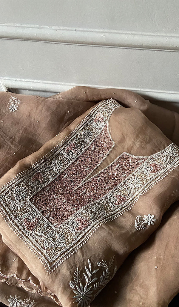 Women's Lakhnavi Handcrafted Pure Organza Chikankari Unstitched Kurta And Dupatta Set- HONC0341494