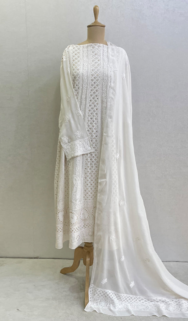 Women's Lucknowi Handcrafted Pure Silk Georgette Chikankari Anarkali Dupatta Set- Honc0116665