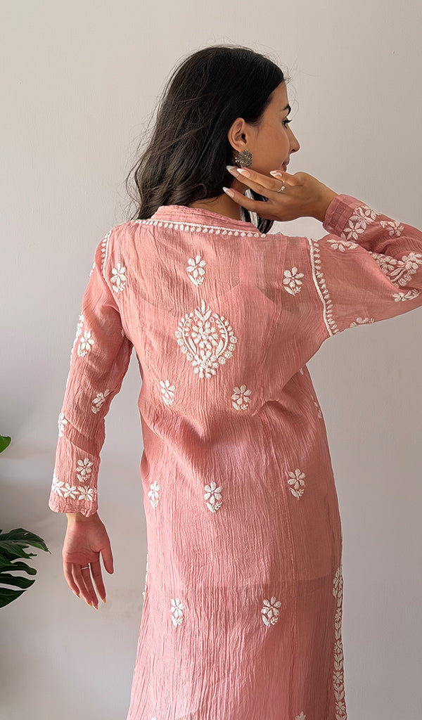 Women's Lucknowi Handcrafted Mul Chanderi Stitched Chikankari Kurta And Plazzo Set- HONC0378817