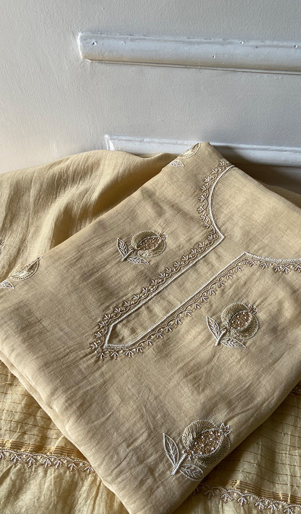 Mahira Women's Lakhnavi Handcrafted Mul Chanderi Unstitched Chikankari Full Suit - HONC0355240