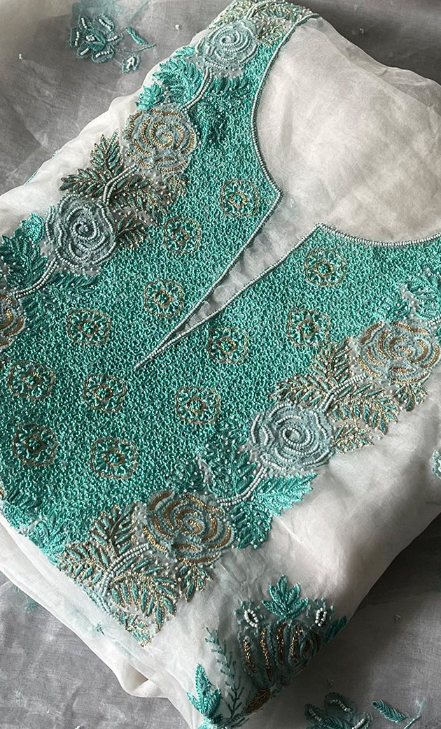 Mehnaj Women's Lakhnavi Handcrafted Pure Organza Chikankari Unstitched Kurta And Dupatta Set- HONC0228643