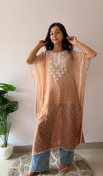 Load image into Gallery viewer, Pragya Women's Lucknowi Handcrafted Mul chanderi Chikankari Kaftan - HONC03615788
