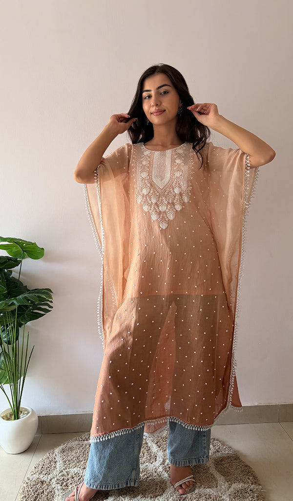 Pragya Women's Lucknowi Handcrafted Mul chanderi Chikankari Kaftan - HONC03615788