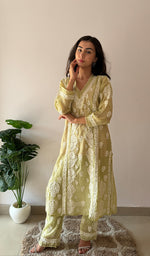 Load image into Gallery viewer, Women's Lucknowi Handcrafted Mul Chanderi Stitched Chikankari Kurta And Plazzo Set-  HONC0378818