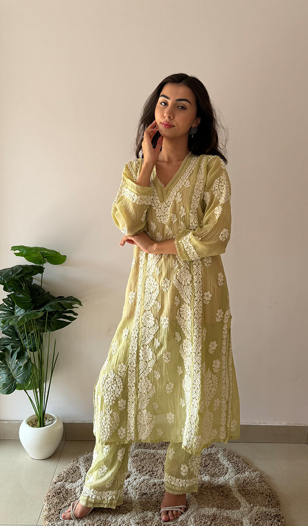 Women's Lucknowi Handcrafted Mul Chanderi Stitched Chikankari Kurta And Plazzo Set-  HONC0378818