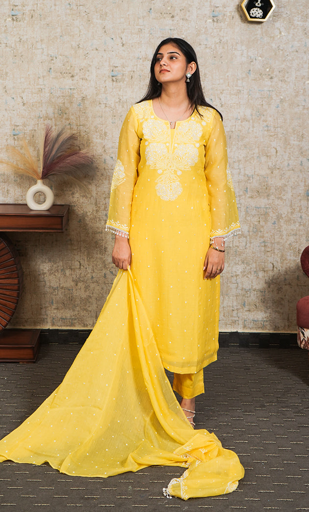 Women's Lakhnavi Handcrafted Mul Chanderi Chikankari Stitched Kurta, Dupatta And Pant Set - HONC0324261