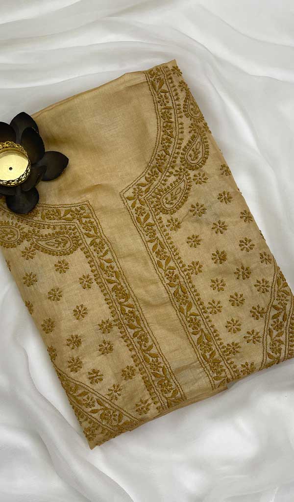 Women's Lakhnavi Handcrafted Tussar Silk Chikankari Unstitched Kurti Fabric - Honc0109223